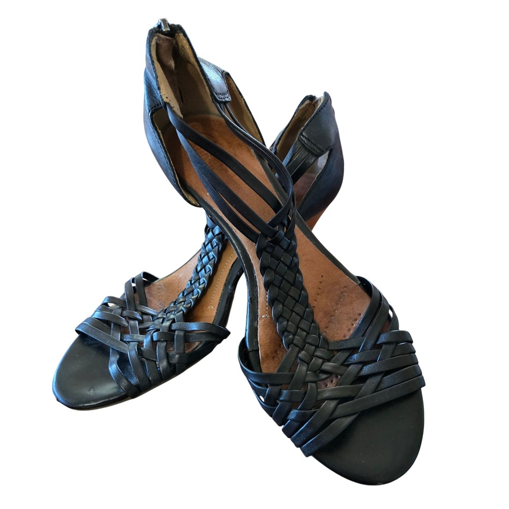 Clarks Boho Chic Black Leather Woven T-Strap Kitten Heel Sandals 7.5M